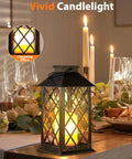 Outdoor Solar Lanterns 14 Inch Hanging LED Lights on dining table setting with flickering flame look, 2 pack, waterproof, easy setup.