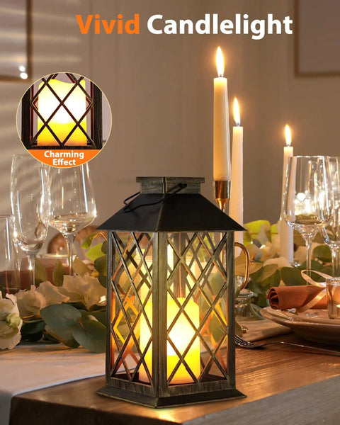 Outdoor Solar Lanterns 14 Inch Hanging LED Lights on dining table setting with flickering flame look, 2 pack, waterproof, easy setup.