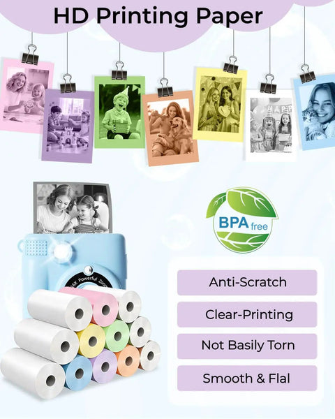 12 Pack BPA Free Instant Print Paper Refills For Kids Cameras, High Quality Thermal Paper Rolls With Glossy Finish, Non Sticky Tear Resistant And Jam Free, Easy Load For Crisp Clear Photo Prints Every Time, BPA-free rolls stacked with kid camera