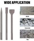 SDS Max Chisel Set Three Piece Beast Built For Heavy Duty Masonry Tile Removal With Point Flat And Scaling Chisels Fits All SDS Max Rotary Hammer Drills And Demolition Jack Hammers shown with applications on brick, concrete, and tile.
