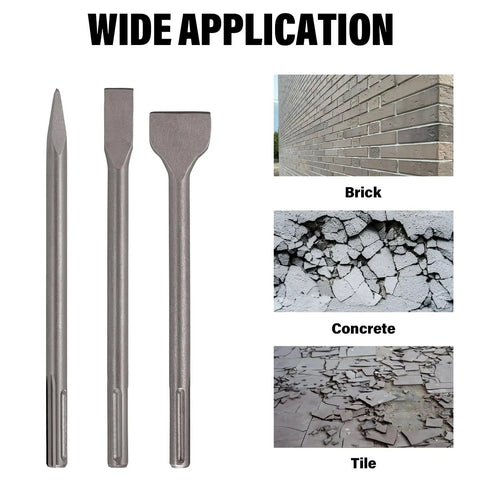 SDS Max Chisel Set Three Piece Beast Built For Heavy Duty Masonry Tile Removal With Point Flat And Scaling Chisels Fits All SDS Max Rotary Hammer Drills And Demolition Jack Hammers shown with applications on brick, concrete, and tile.