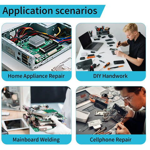 Different uses for High Power 1000W Hot Air Rework Station With Auto Sleep, including appliance repair and cellphone repair.