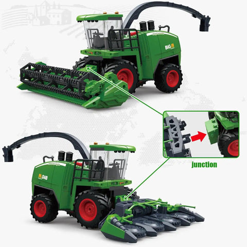 Remote Control Harvester Tractor With Dual Grain Combine Heads, 2.4GHz RC Farm Vehicle Toy, view of foldable cutting heads in action