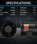 Front and side view of 12 Inch Inline Duct Fan delivering 1900 CFM for quick ventilation, heavy-duty iron build, ETL listed