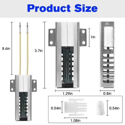 Dimensions and details of Oven Igniter Replacement For Gas Ranges Fits Most Models Replaces 5303935066 501A IG9998 WB13T10045 WB13K10026 WB13K0021 Easy Install Direct Fit No Fuss Heating With Fast Even Heat