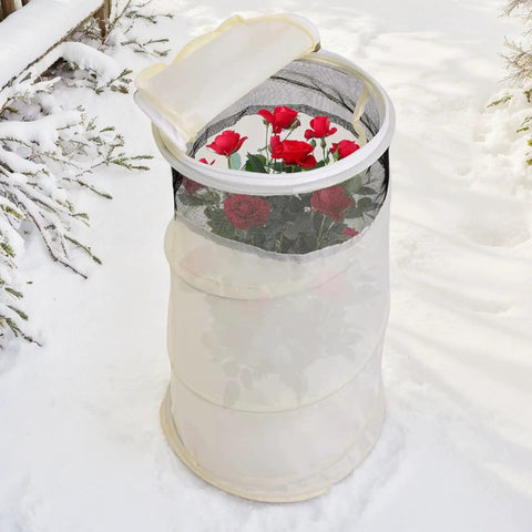 Winter Rose Plant Covers For Frost Protection, Heavy Duty Pop Up Cone Covers With Breathable Top Net, Wind Protection For Rose Bushes, Durable Weather Resistant Fabric Keeps Your Roses Safe Pro Grade Tough As Nails 13x20 Inches on rose bush in snow