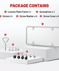 Package for Stainless Steel License Plate Frame With Screws, Slim Chrome Silver Finish, 6 x 12 Inches, Universal Fit.