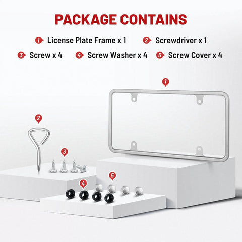 Package for Stainless Steel License Plate Frame With Screws, Slim Chrome Silver Finish, 6 x 12 Inches, Universal Fit.