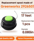 Spool Replacement Bump Trimmer Head 0.080 Inch Dual Line Pre-Wound For Greenworks 80V And 60V String Trimmers DropIn Ready Fit