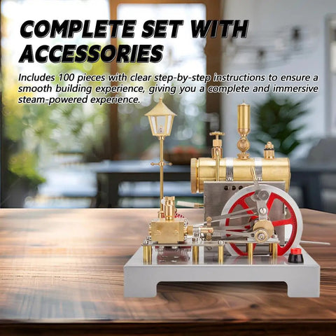 Steam Engine Kit With Boiler, Generator And Street Lamp on table, brass and aluminum materials visible