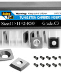 Heavy Duty Tungsten Carbide Cutter Inserts Kickass Replacement Blades Four Sided Indexable Knives in 10 pack, 11x11x2MM R50 size.