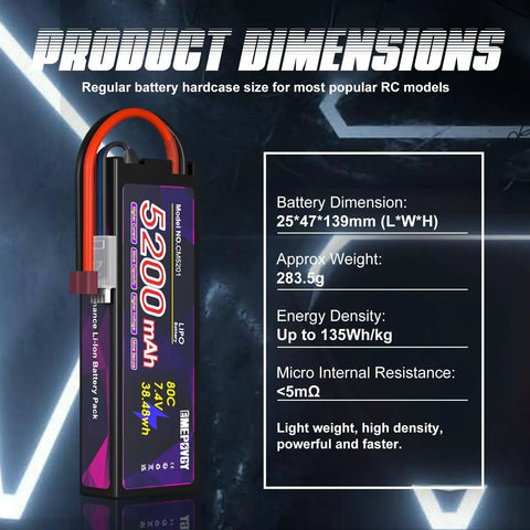 7.4V 2S 5200mAh 80C LiPo RC battery with hard case and T connector for 1/8th and 1/10th scale RC cars, product dimensions listed