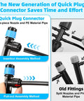 No Fuss 234 Foot Drip Irrigation System Kit With Adjustable Three Spray Patterns quick plug connector and old fittings comparison