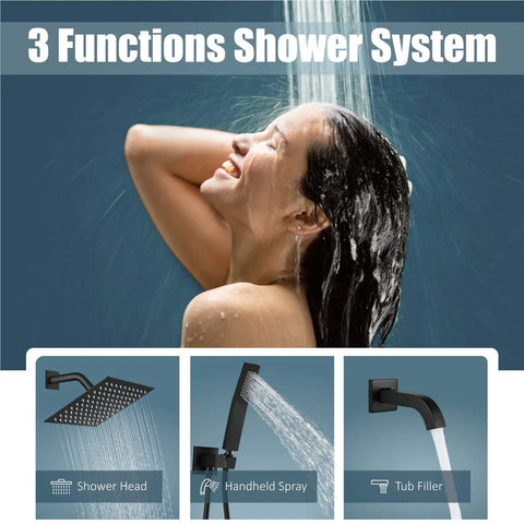 Image of rainfall shower system with 8 inch matte black shower head, tub filler, and handheld spray, highlighting spa-like features.