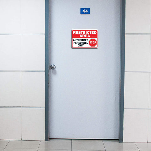 2 Pack Restricted Area Sign Authorized Personnel Only Do Not Enter Warning Plaque on door, 10x7 inches aluminum, indoor use.