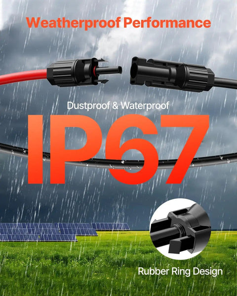 10 AWG Solar Panel Extension Cable 6mm² PV Wire With Waterproof MC4 Connectors in rainy weather, highlighting IP67 waterproof feature