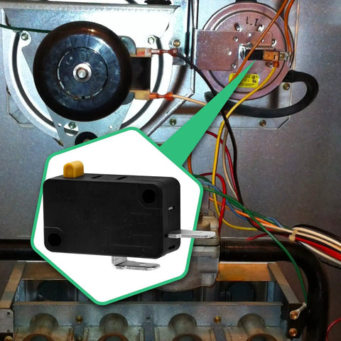 KW3 Snap Action Switch Normally Open 125V/250V Micro Limit Switch installed in appliance, 2 pins, for air fryers, microwaves, coffee makers.