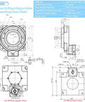 TS200 hollow rotary platform positioner schematic with front and side views for NEMA34 stepper and 80mm servo motor mounting