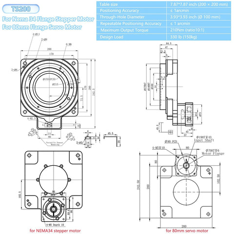 TS200 hollow rotary platform positioner schematic with front and side views for NEMA34 stepper and 80mm servo motor mounting
