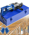 Heavy Duty Hydraulic Steel Bar Cutter For Rebar Up To 20Mm on blue box with gloves and tools for construction use.