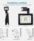 JUDYSSY Solar Flood Lights 20W Warm White Led Spotlight with Motion, installation method illustration with adjustable angles.