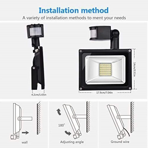 JUDYSSY Solar Flood Lights 20W Warm White Led Spotlight with Motion, installation method illustration with adjustable angles.