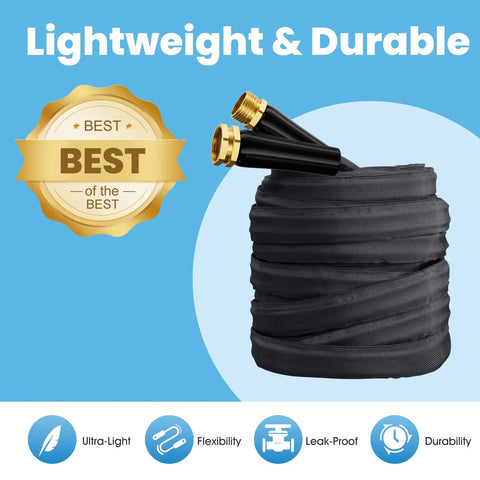 Haeteir 50ft non-expanding garden hose, black with brass fittings, coiled.
