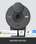 Full HD 1080P Business Webcam With Wide Angle Lens And Sliding Privacy Shutter Zoom Microsoft Teams Certified close-up showing camera lens and logo.