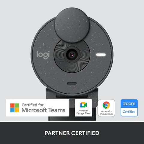 Full HD 1080P Business Webcam With Wide Angle Lens And Sliding Privacy Shutter Zoom Microsoft Teams Certified close-up showing camera lens and logo.