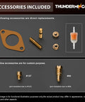 Accessories included with 34 Pict-3 Dual Port Carburetor For 1600cc VW Air Cooled Beetles And Buses, showing gaskets and fittings.