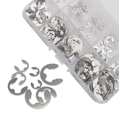 200Pcs 304 Stainless Steel E Clip External Retaining Rings Kit Circlips Snap Rings in box, 10 sizes, shown for rust-resistant DIY projects