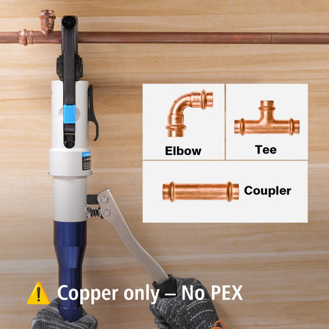 Workhorse Copper Pipe Press Tool for Viega ProPress fittings with visible elbows, tees, couplers, and Copper only sign