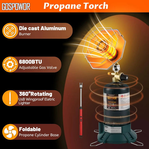 Portable Propane Heater 6200 BTU For Outdoor Use Camping And Patio USB Lighter Cylinder Stand Open Air Space Heater