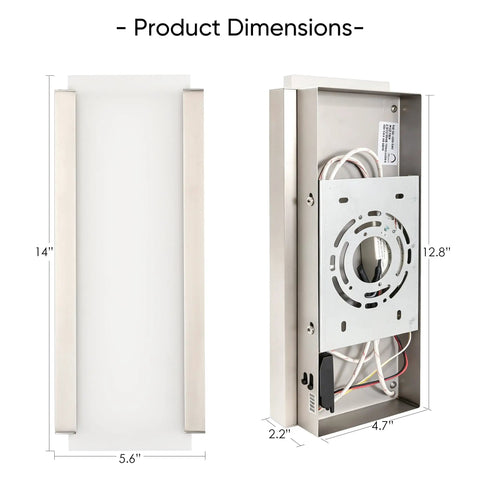Product dimensions of Aipsun Hardwired Wall Sconces Set of Two 28W 3-Level Dimming LED, showing size and design details.