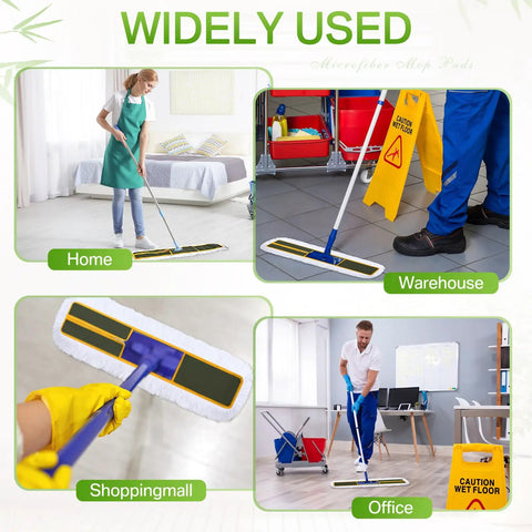 Three Pack 36 Inch Cotton Dust Mop Heads Commercial Refill Hella Thick Cotton Loop No Sweat Swapping in use across various settings.