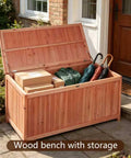 75 Gallon Wood Deck Box Outdoor Storage Bench For Patio Cushions Pillows Garden Tools And Pool Accessories With Solid Wood Support And Large 44.5 Inch By 20.9 Inch By 23.6 Inch Dimensions