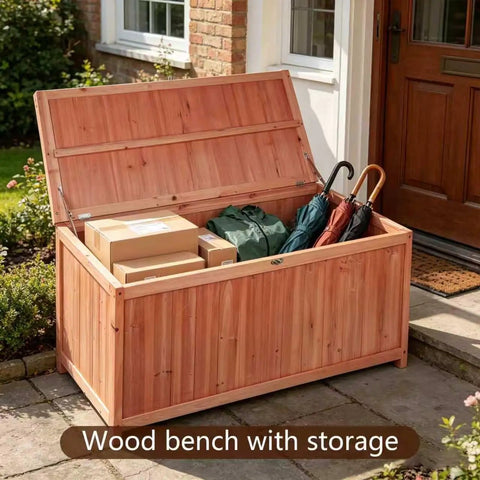 75 Gallon Wood Deck Box Outdoor Storage Bench For Patio Cushions Pillows Garden Tools And Pool Accessories With Solid Wood Support And Large 44.5 Inch By 20.9 Inch By 23.6 Inch Dimensions