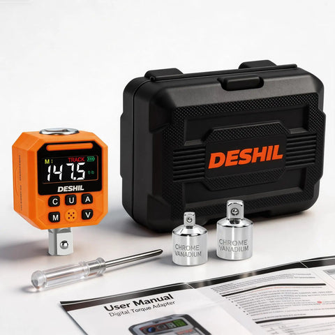 Digital Torque Adapter Set 1/2 Inch, Wide Range 7.4 To 147.5 Ft-Lb, 10 To 200 Nm, Pro Grade Torque Tool For Spark Plug Service, Bolts, Engine And Suspension Work, High Precision And Easy Readout. Orange digital torque adapter with case and sockets