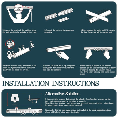 Stick On Curtain Track No Drill Install On Smooth Ceiling Or Wall Easy Peel And Stick Mount For Closets Windows Doors Frames Renters Friendly 1.44m 4.72ft All Purpose Multi Scenario Use installation diagram with measuring, cutting, and mounting steps