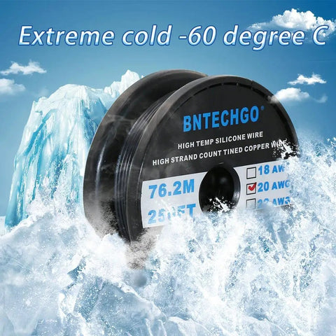 20 Gauge Silicone Wire Spool 250 Ft Black Flexible 20 AWG Stranded Tinned Copper Wire For RC Hobby Electronics And DIY Projects High Flex Low Impedance shown against icy background
