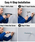 Easy installation steps showing the Top Shelf Carbon Steel Wood Screws Assortment Kit With Zinc Plated Finish And Drywall Anchors.