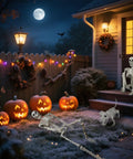 Halloween front porch with skeletons, pumpkins, and Solar Powered RGB Christmas Tree Lights 3ft With Remote Timer Dimming Color Changing Warm White For Front Porch Yard Garden Outdoor Holiday Decor That Slays.