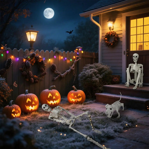 Halloween front porch with skeletons, pumpkins, and Solar Powered RGB Christmas Tree Lights 3ft With Remote Timer Dimming Color Changing Warm White For Front Porch Yard Garden Outdoor Holiday Decor That Slays.