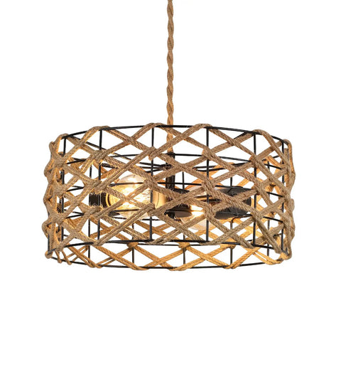 Boho Pendant Light Rustic Hand Woven Hemp Rope Drum Cage Rattan Hanging Lamp Wicker Coastal Farmhouse Chandelier With Two E26 Sockets