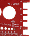 Close-up of a red measurement gauge displaying metric and UNC/UNF sizes with holes and markings for accurate fittings.