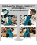 Cordless 200W Electric Bench Grinder With Dual Polishing Wheels For Razor Sharp Knives And Metal Fabrication Battery Powered Heavy Duty Weekend Warrior Multitask Shop Tool demonstrating pipe grinding, jade polishing, knife sharpening, and tool polishing.