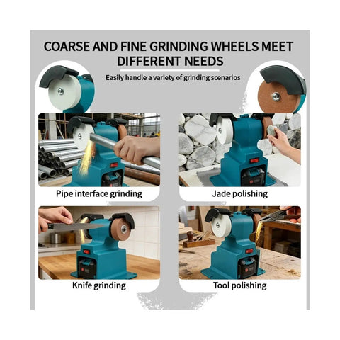 Cordless 200W Electric Bench Grinder With Dual Polishing Wheels For Razor Sharp Knives And Metal Fabrication Battery Powered Heavy Duty Weekend Warrior Multitask Shop Tool demonstrating pipe grinding, jade polishing, knife sharpening, and tool polishing.