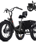 All Terrain Fat Tire Electric Tricycle for Adults, Ready to Roll, 750W Peak Motor Delivers Up to 15 MPH, 36V 13Ah Lithium Battery, UL Certified, Foldable Three Wheel Electric Bike, 80 Percent Assembled, Black, side view with basket