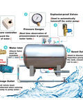 Diagram showing components of Heavy Duty 304 Stainless Steel Well Water Pressure Tank With Fully Automatic Controls That Handle Pressure Like A Champ For Home Garden Or Agricultural Operations.