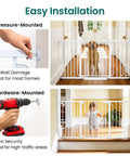 Extra Wide Walk Through Baby And Dog Gate Auto Close Dual Lock White Safety Barrier shown with pressure and hardware mounting options.